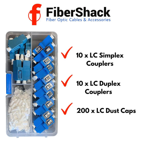 LC Fiber Optic Connector Kit With 10 Duplex LC Couplers, 10 Simplex LC Connectors, 200 LC Dust Caps in organizer case