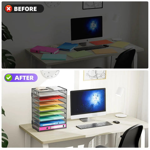 Before and after of a tidy desk using 9 Tier Mesh Paper Organizer With Portable Handle, Desk File Sorter For Home Office in gray.