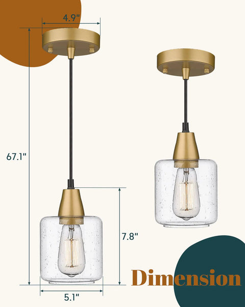 Dope Gold Seeded Glass Pendant Lights 2 Pack With Adjustable Height Industrial Farmhouse Hanging Fixtures, dimensions shown.