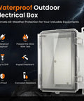 Heavy Duty IP66 Waterproof Junction Box With Clear Hinged Window Pc Abs Shell Built Like A Tank Outdoor Electrical Enclosure For Router Shop And Tough Projects, clear front view.