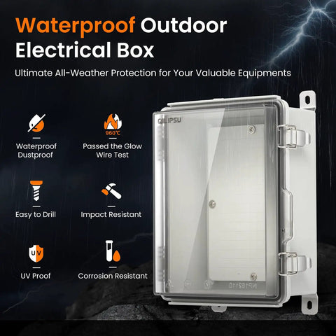 Heavy Duty IP66 Waterproof Junction Box With Clear Hinged Window Pc Abs Shell Built Like A Tank Outdoor Electrical Enclosure For Router Shop And Tough Projects, clear front view.
