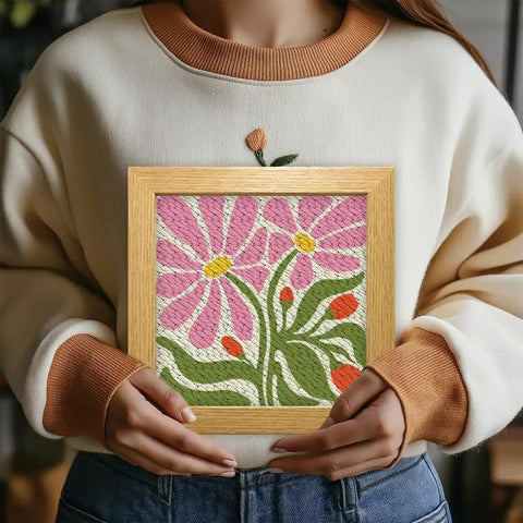 Flower Punch Needle Kit For Beginners Easy Embroidery Starter Set With Threader Needle Square Frame 9.4 By 9.4 Inch