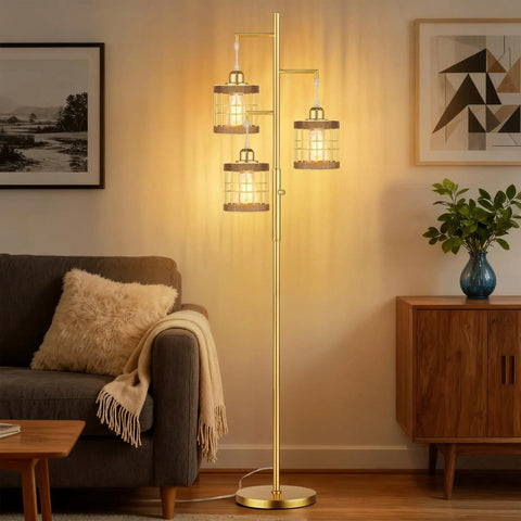 Industrial Style Tree Floor Lamp With Stepless Dimmable Brightness 68 Inch Tall Standing Light in living room setting