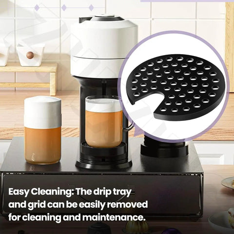 Black Drip Tray Grid Cup Mug Rest for Nespresso Vertuo Next N910 Espresso Grinders, shown with espresso cups.