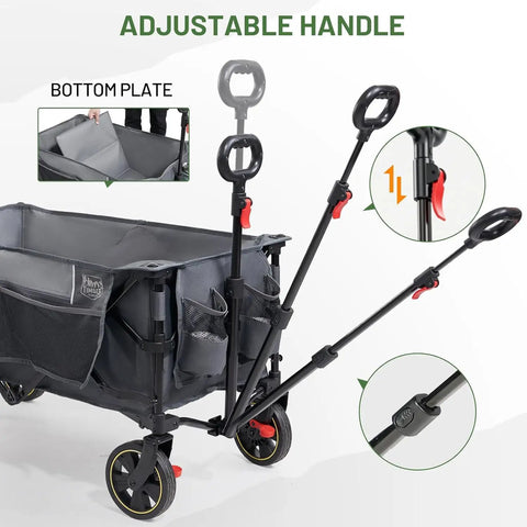 Collapsible Wagon Cart With Brakes 400 Lb Heavy Duty Large Capacity Portable Folding Wagon, gray, adjustable handle, outdoor use.