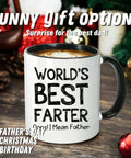 Funny 11oz Ceramic Coffee Mug For Dad, Double Sided Design Humor Gift For Fathers, Black handle, displayed on a wooden table.
