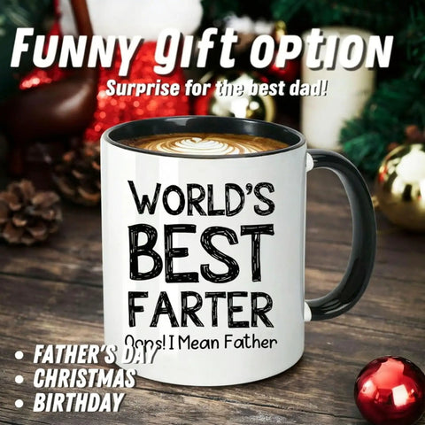 Funny 11oz Ceramic Coffee Mug For Dad, Double Sided Design Humor Gift For Fathers, Black handle, displayed on a wooden table.
