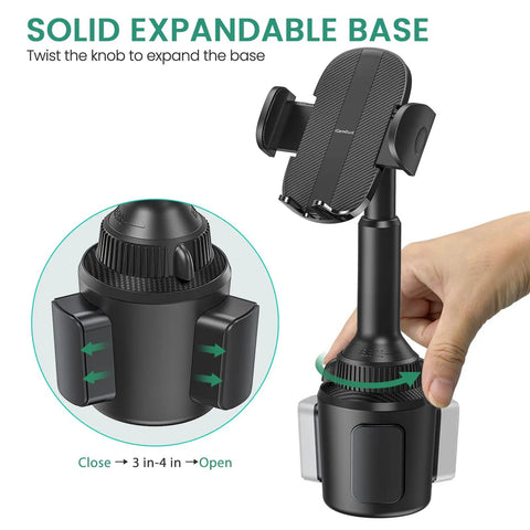 Hand demonstrating the expandable base of the Golf Cart Phone Holder Mount Universal Cup Holder No Spin Mount For 4.7 To 6.9 Inch Phones.