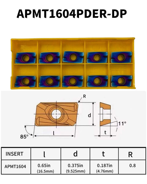 12Pc APMT1604PDER Carbide Milling Inserts Kit for Indexable End Mill Tool Holder, diagram and specifications shown