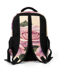 Back view of Vintage Rose Bouquet Print Backpack with breathable straps, showcasing durable polyester and large capacity for everyday use.