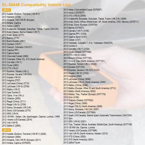 EL-50448 Compatibility Vehicle List for 2012 and 2013 GM vehicles, detailed text on a document.