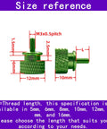 Green anodized textured thumb screws with size reference, different lengths shown with measurements in millimeters.