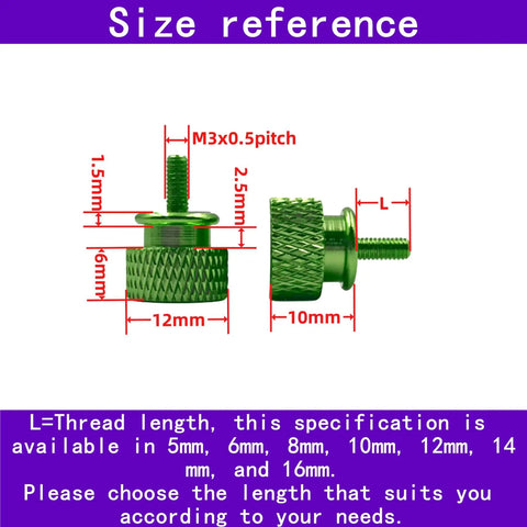 Green anodized textured thumb screws with size reference, different lengths shown with measurements in millimeters.