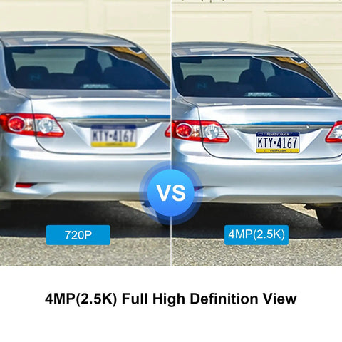 Comparison of car license plate clarity: 720P versus 4MP (2.5K) with Outdoor Wireless Security Camera Battery Powered 2.5K FHD Color Night Vision With Motion Detection And Spotlight Alexa Compatible 30 Days Free Cloud Storage Easy Home Surveillance.