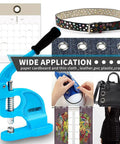 Heavy Duty Eyelet Grommet Machine Press Kit With 3 Interchangeable Dies And 900 Grommets showcasing wide applications on various materials