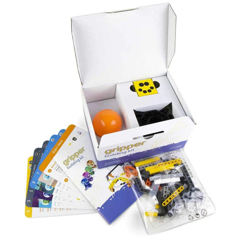 Colorful Gripper Arm Kit For Dash And Cue Robots, Hands On STEM Toy To Lift Grab And Move Cargo, box open with components shown