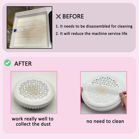 Comparison of traditional filter and 200 Sheets Disposable Nail Dust Filter Papers For Most Nail Dust Collectors And Vacuums showing efficiency