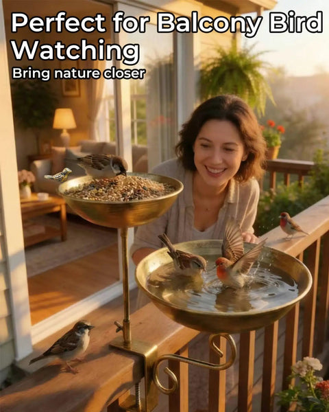 Dual Tier Deck Mounted Bird Bath With Grip Guard Railing Clamp And Seed Feeder For Balconies Apartments And Patios Hustle Free Setup with birds and woman enjoying bird watching.