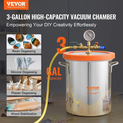 Front view of VEVOR 3-Gallon stainless steel vacuum chamber with orange lid and gauge for resin, plaster degassing.