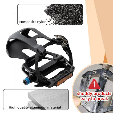 Ride Ready Aluminum Bike Pedals With Toe Cages, Universal Nine Sixteenths Inch Spindle Replacement For Peloton shown with materials