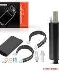 High Flow Universal External Fuel Pump 255 LPH with EZ Install Kit and accessories displayed on white background