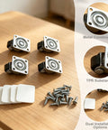 Premium Mini Swivel Casters 4 Pack No Drill Furniture Wheels in metal and TPR, screws and installation pads on wood surface.