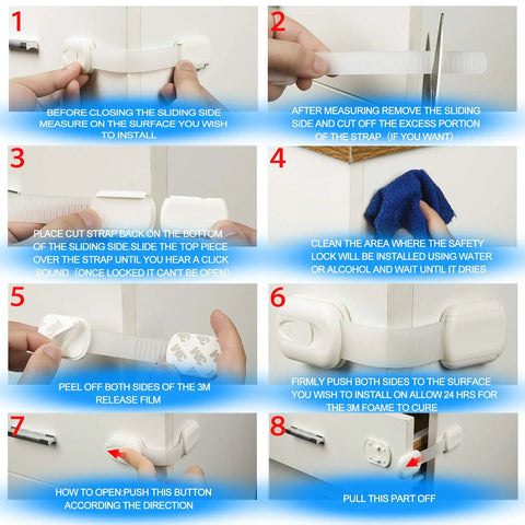 Installation guide for Tot Smart Baby Proofing Cabinet Locks, showing steps to secure safety latches with 3M adhesive.
