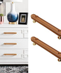 Two Pack Hand Stitch Brown Leather Cabinet Pulls 5 Inch Drawer Handles attached to white dresser, showing rustic modern charm