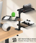 Three Tier Metal Clamp On Desk Shelf With 360 Degree Rotatable Mount for Above Or Under Table Storage showing trays with devices