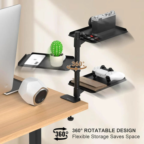 Three Tier Metal Clamp On Desk Shelf With 360 Degree Rotatable Mount for Above Or Under Table Storage showing trays with devices