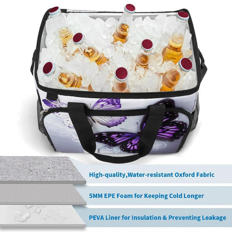 Insulated Picnic Backpack Tote Bag With 30L Capacity White Purple Butterflies Cooler Bag with ice and drinks inside.