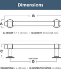 Dimensions diagram of Champagne Bronze Cabinet Handles 5 Pack, 4 Inch Center To Center Drawer Pulls with height, length, projection details.