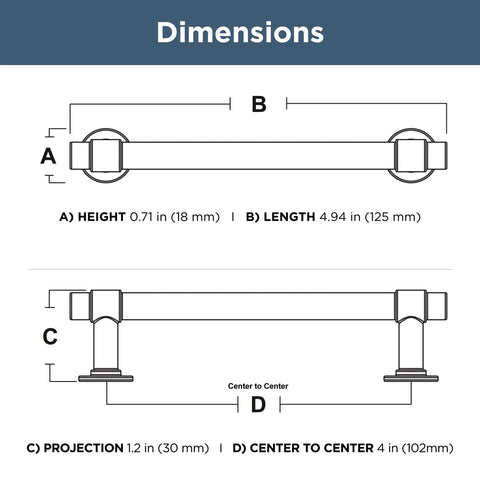 Dimensions diagram of Champagne Bronze Cabinet Handles 5 Pack, 4 Inch Center To Center Drawer Pulls with height, length, projection details.