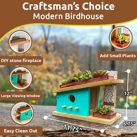 Modern Birdhouse DIY Kit For Kids And Adults Build Your Own Woodworking Craft Easy Fam Bonding Project For Skill Building Creative Woodworking Kit For Home Decor And Fun featuring a 12-inch cedar birdhouse with planter space and viewing window.