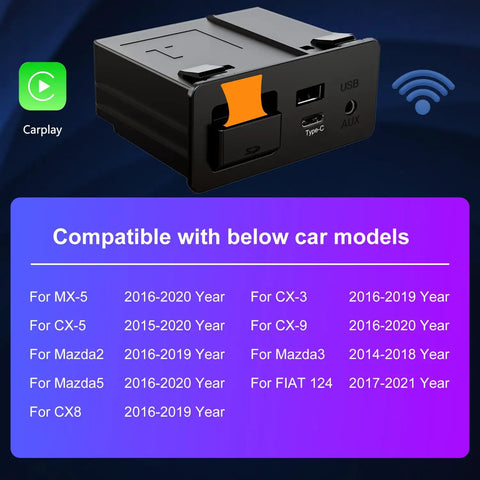 Wireless CarPlay Retrofit Kit With Type-C USB Hub For Mazda MZD Connect 2014-2019 Cars displayed with compatibility list