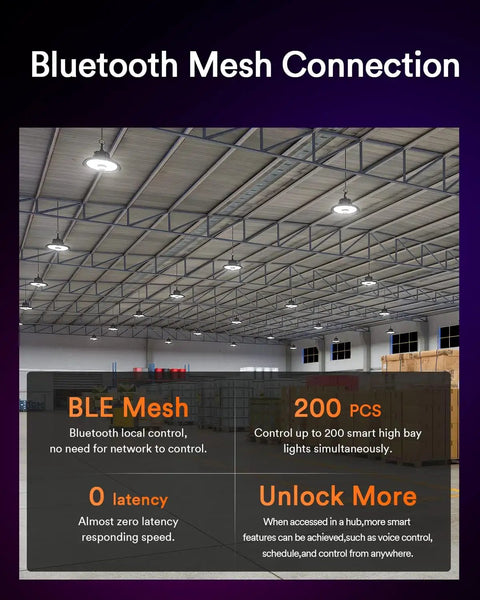Smart Bluetooth UFO LED High Bay Light With Motion Sensor 100W 16,000 Lumens 5000K Installation in warehouse ceiling