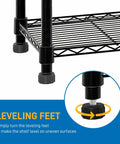 4 Tier Storage Racks Shelving System With Adjustable Wire Shelves, Heavy Steel Construction Built For Garage, Kitchen, Bathroom Or Office, Maximizes Space, Black Finish, Durable Steel Frame, Easy Assembly, Dimensions 20 W X 12 D X 32 H leveling feet close-up