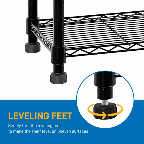 4 Tier Storage Racks Shelving System With Adjustable Wire Shelves, Heavy Steel Construction Built For Garage, Kitchen, Bathroom Or Office, Maximizes Space, Black Finish, Durable Steel Frame, Easy Assembly, Dimensions 20 W X 12 D X 32 H leveling feet close-up
