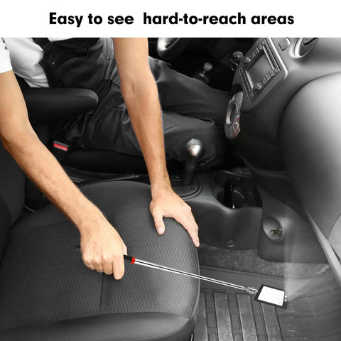 Extendable 12 To 35 Inch Inspection Mirror With 360 Degree Rotating LED Head in use inside a vehicle for mechanic checks