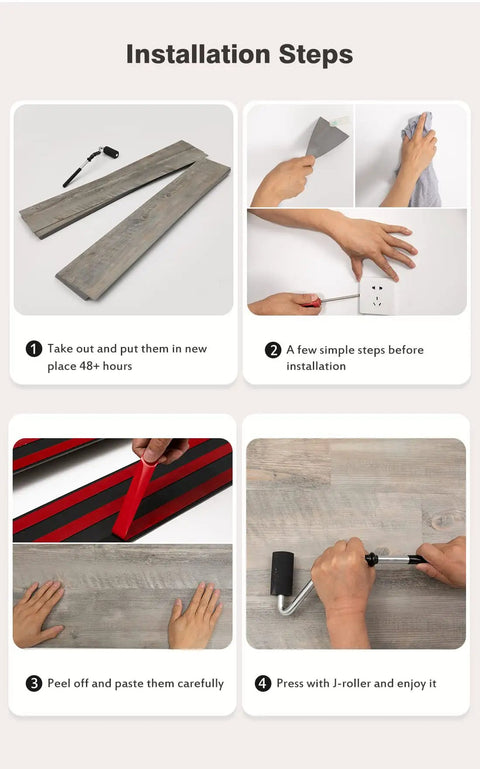 Installation steps for Driftwood Peel And Stick Vinyl Wall Planks For Easy Self Adhesive Wall Panels Waterproof Lightweight And Flame Rated 12 Pieces Covering 18 Square Feet Per Box Real Wood Texture For Quick DIY Remodel.