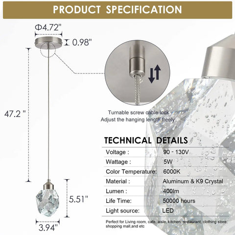 Product specs of Modern Nickel Crystal Pendant Light Dimmable LED Fixture for Kitchen Island and Dining Room, 5W Cool White 6000K, K9 Crystal.
