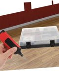 Hand holding tool from Tile Repair Kit For Porcelain And Marble Color Wax Blocks for Quick Scratch Chip Repair next to plastic case