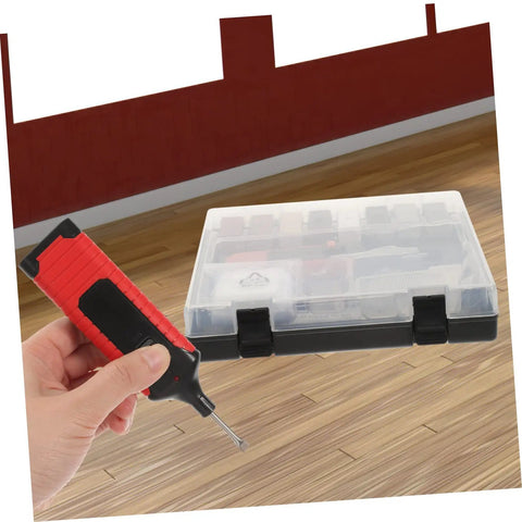 Hand holding tool from Tile Repair Kit For Porcelain And Marble Color Wax Blocks for Quick Scratch Chip Repair next to plastic case