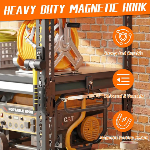 Heavy Duty Magnetic Garage Hooks 4 Pack Beefy Magnet Hangers Rubber Coated installed on metal shelf holding tools.