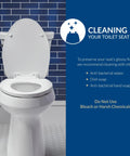 Durable Wood Toilet Seat With Easy Clean Hinges Round Bone Finish Made In USA, shown on toilet against blue tile wall