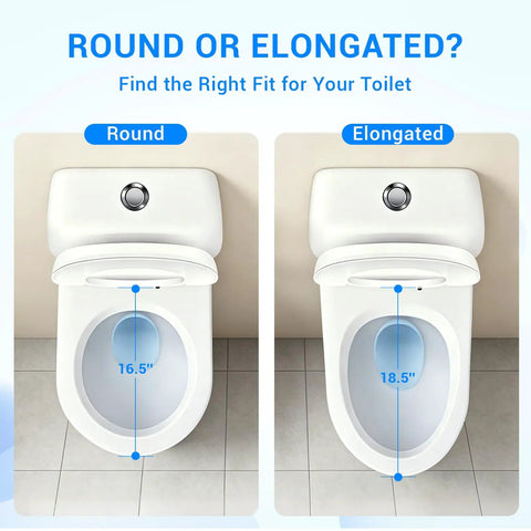 Comparison of round and elongated toilets showing size differences, highlighting elongated style at 18.5 inches for Premium Elongated Toilet Seat 18.5 Inch White With Silent Soft Close Hinge And Quick Release Design For Effortless Bathroom Cleanup True Upgrade Smooth Solid Fit With Firm Grip Heavy Duty Construction Built Tough For Everyday Use And Modern Decor Zero.
