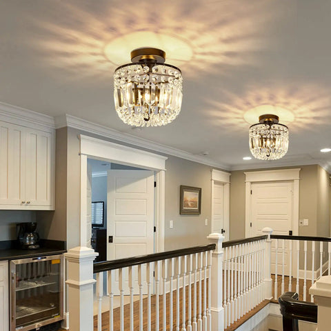 Totally Chic Crystal Chandelier Two Light Modern Semi Flush Mount Ceiling Fixture for Hallway Kitchen Foyer Black Finish