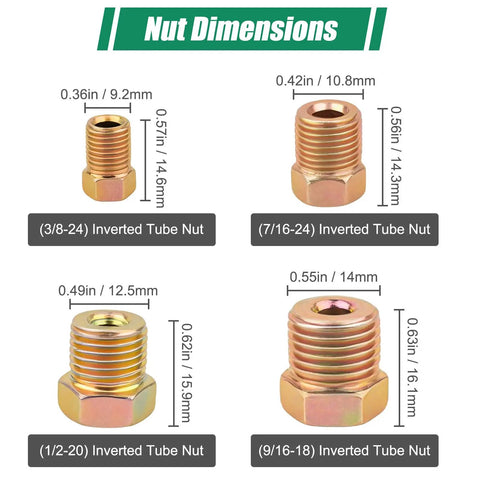 Nut dimensions of 25Ft Three Sixteenth Inch Zinc Coated Steel Brake Line Tubing Kit With 16 Inverted Flare Fittings Universal Replacement
