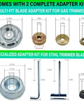 10 Inch Steel Wire Trimmer Head With Universal Fit showing adapter kits for gas and Stihl trimmers with size dimensions.