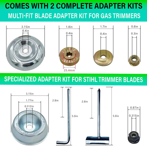 10 Inch Steel Wire Trimmer Head With Universal Fit showing adapter kits for gas and Stihl trimmers with size dimensions.